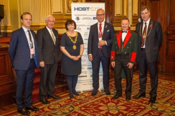 Host City 2016’s return to Glasgow was announced at Host City 2015. From left: Cavendish Group CEO, Matthew Astill; IOC Vice President, Sir Craig Reedie; The Rt Hon The Lord Provost of Glasgow, Councillor Sadie Docherty; Cavendish Group Chairman, Koos Tesselaar; John McArthur, Civic Officer, Glasgow City Council; and John F MacLeod, Lord Dean of Guild of the Merchants House of Glasgow