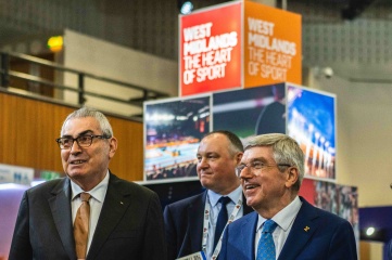 (L-R) SportAccord President Ugur Erdener, Joel Lavery and IOC President Thomas Bach at SportAccord 2024 in Birmingham (Photo credit: www.thombartley.com)