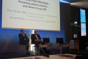 Paul Bush OBE (right), VisitScotland’s Director of Events, speaking with moderator David Eades at SportAccord Convention's City Forum