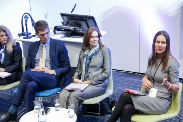 IAEH Chair Susan Sawbridge (on the right) pictured speaking at Host City with (L-R) Eva Szanto, CEO, FINA World Championships, IAEH Director Iain Edmondson, and Tracy Bury, World Confederation for Physical Therapy